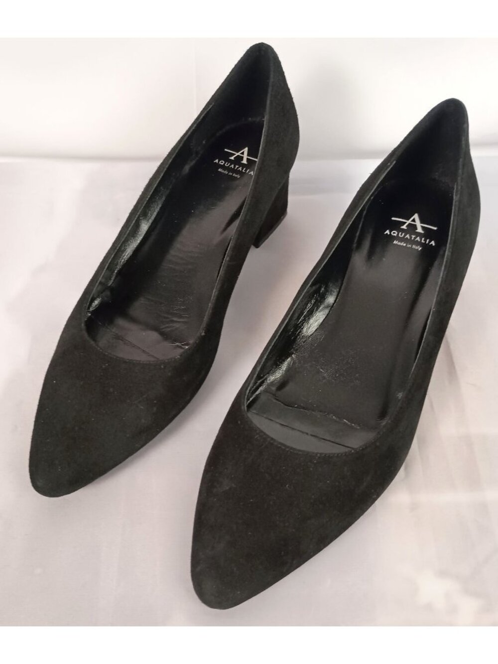 Aquatalia Pasha Black Suede Pointed Toe Block Heel Pumps Women 8 Italy $350